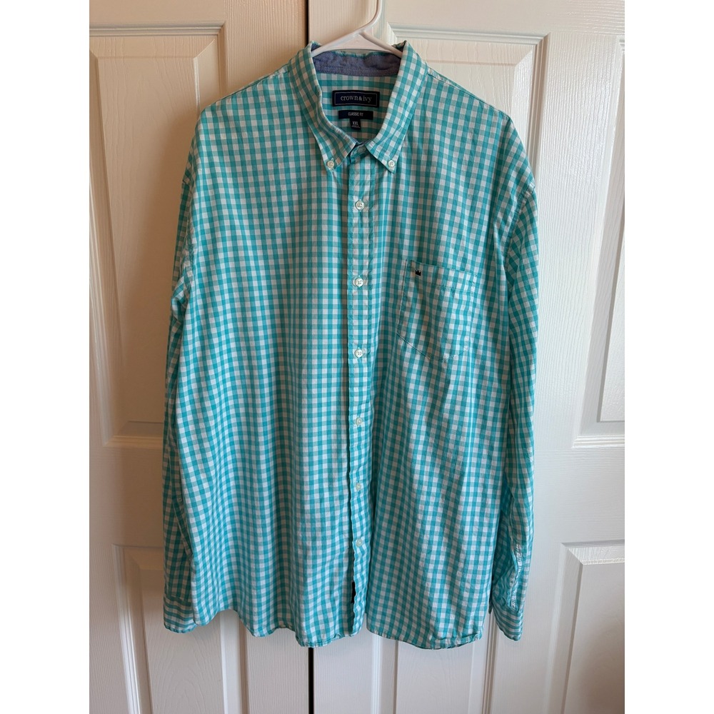 Crown & Ivy Mens XXL Classic Fit Gingham Button Down Shirt Teal White Check